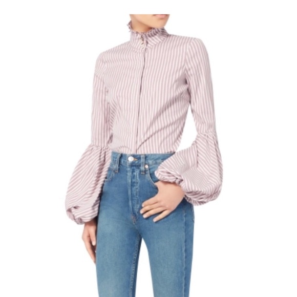 NWT Caroline Constas Jacqueline Lilac Striped Blouse Tulip/White High Neck S